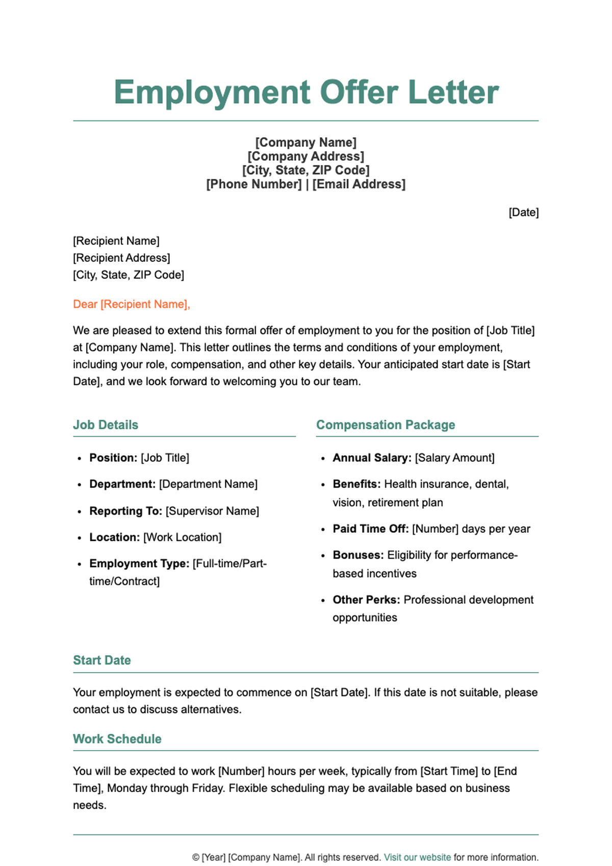 Job offer letter sample template with placeholder fields and compensation details_variant_2